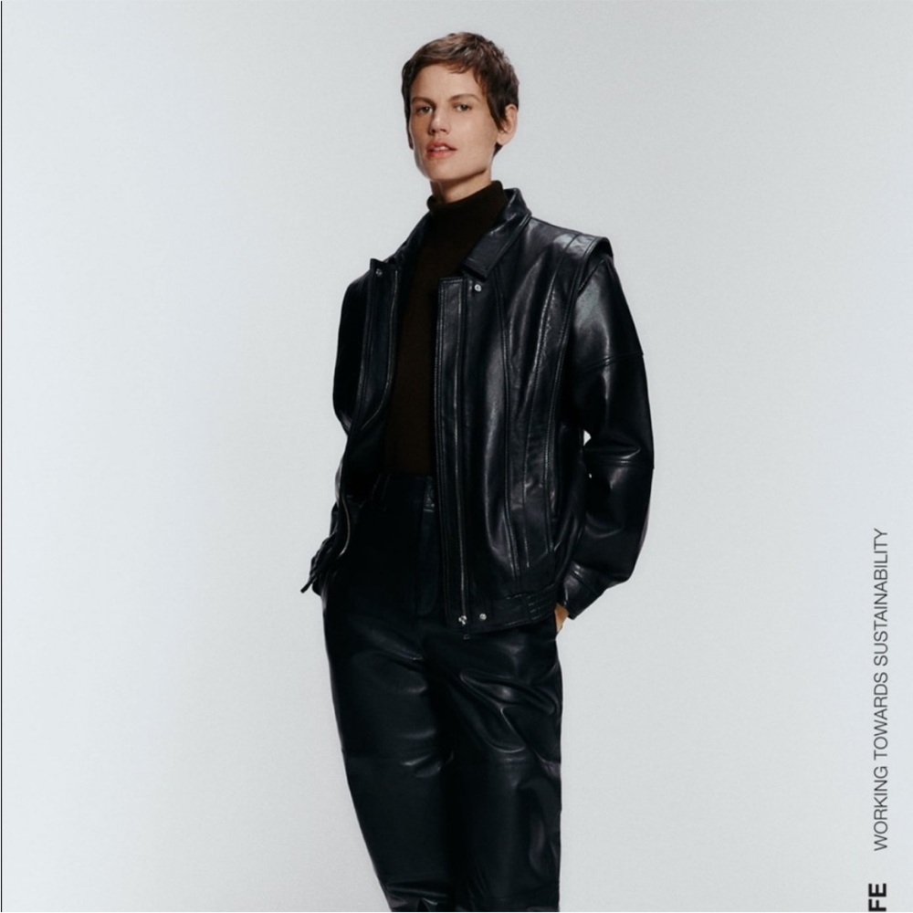 Zara Black Oversized Leather Bomber Jacket - Picture 8 of 10